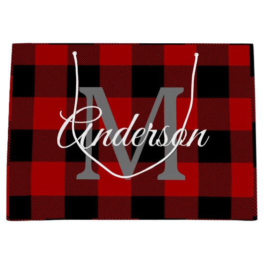 レッドバッファロープレイド |個人イニシャル |ギフト ラージペーパーバッグ (正面)