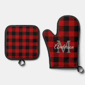 レッドバッファロープレイド |個人イニシャル |ギフト 鍋つかみ&鍋敷きセット (正面)