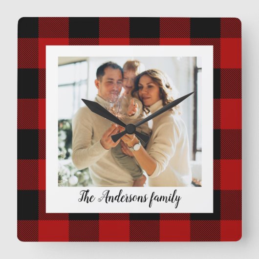 レッドバッファロープレイド&個人名と写真 スクエア壁時計 (正面)