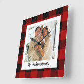 レッドバッファロープレイド&個人名と写真 スクエア壁時計 (傾斜)