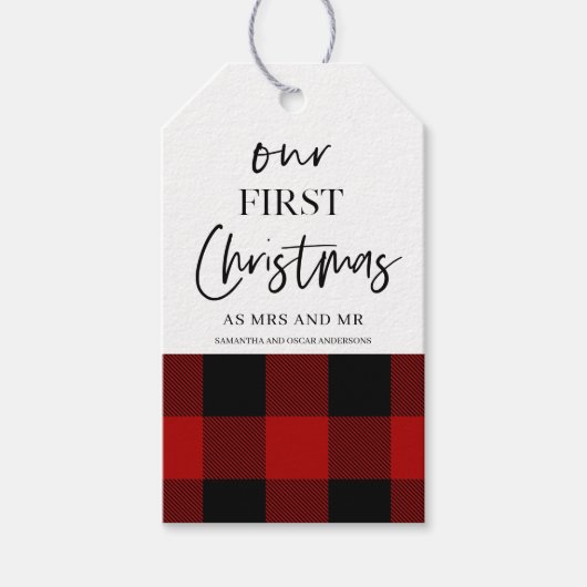 レッドバッファロープレイド&私たちの初めてのクリスマス ギフトタグ (正面)
