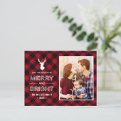 レッドバッファローメリーチェックと明るいクリスマス写真 ポストカード (スタンド正面)