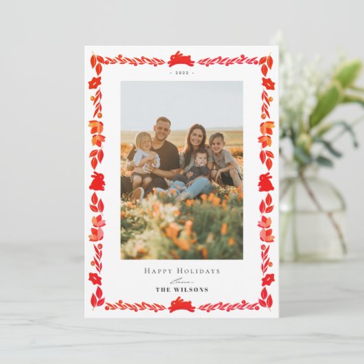 レッドバニーフォークアートクリスマスホリデーフォトカード 招待状 (スタンド正面)