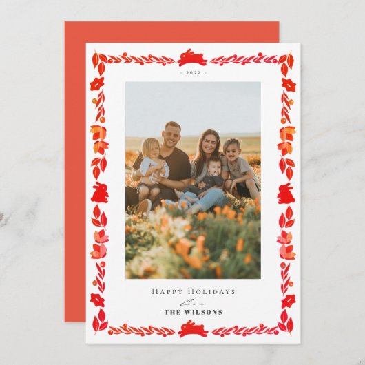 レッドバニーフォークアートクリスマスホリデーフォトカード 招待状 (正面/裏面)