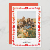 レッドバニーフォークアートニューイヤーホリデーフォトカード 招待状 (正面/裏面)