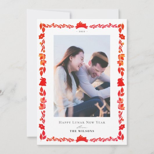 レッドバニーフォークアートルナーニューイヤー写真カード 招待状 (正面)