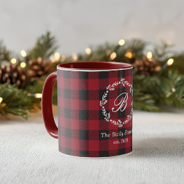 レッドバファローチェックのクリスマスリースモノグラム マグカップ