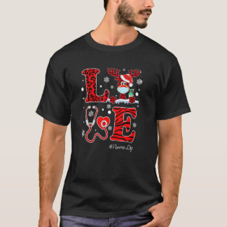 レッドバファロープレイドラブ聴診器トナカイ看護師 Tシャツ