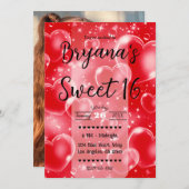 レッドバブルハートガーリーキュート90歳の誕生日パーティー 招待状 (正面/裏面)