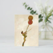 レッドバルーンの付いたヴィンテージの誕生日パーティーの少年 ポストカード (スタンド正面)