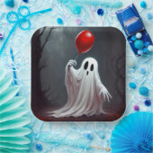 レッドバルーン付きハロウィーン幽霊 ペーパープレート (パーティー)