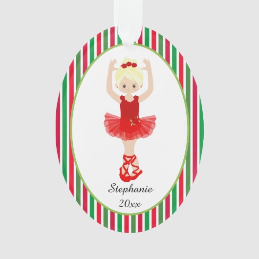 レッドバレリーナストライプズパーソナライズされたクリスマス オーナメント (正面)