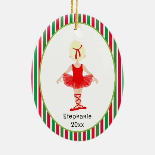 レッドバレリーナストライプズパーソナライズされたクリスマス セラミックオーナメント (裏面)