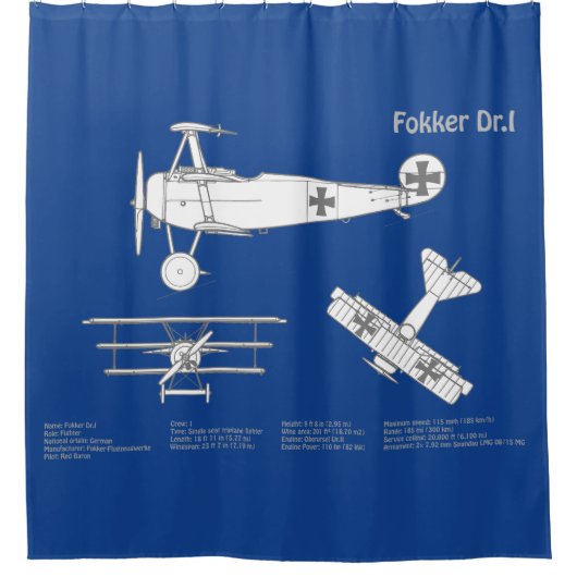 レッドバロンFokker Dr1 – 飛行機の設計図ABD シャワーカーテン (正面)