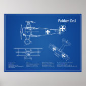 レッドバロンFokker Dr1 – 飛行機の設計図AD ポスター (正面)