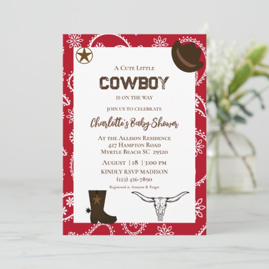 レッドバンダナウエスタンカウボーイ誕生日招待状 招待状 (スタンド正面)