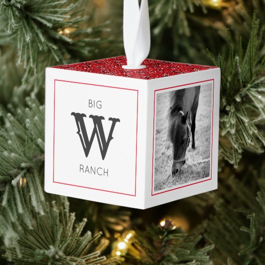 レッドバンダナホースフォトファームイニシャル名おもしろい キューブオーナメント (ツリー)