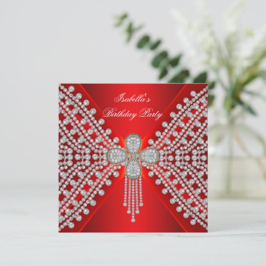 レッドバースデーパーティーシルバーホワイトダイヤモンドイメージ 招待状 (スタンド正面)