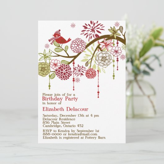 レッドバードお洒落ウィンター誕生日招待状 招待状 (スタンド正面)