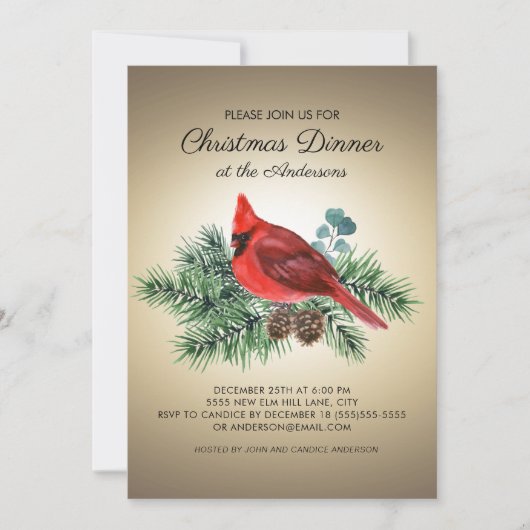 レッドバード（鳥）ショウジョウコウカンチョウパインブランズクリスマスディナー 招待状 (正面)