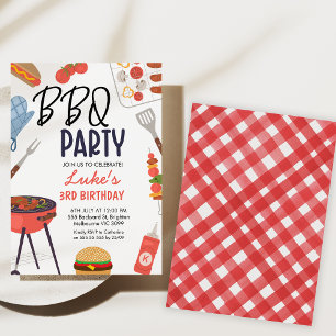 レッドバーベキューブルーオーブンミットボーイズBbq誕生日 招待状
