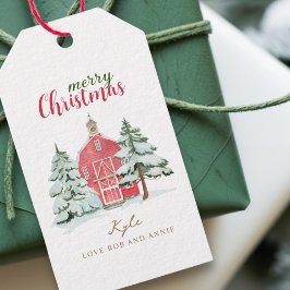 レッドバーンの冬の森のヴィンテージ メリークリスマス ギフトタグ