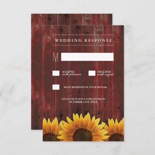 レッドバーンウッドサンフラワー素朴ウェディングRSVPカード 出欠カード (正面/裏面)