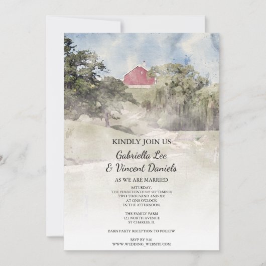 レッドバーンオンヒルサイドファーム結婚ズウォーターカラー 招待状 (正面)
