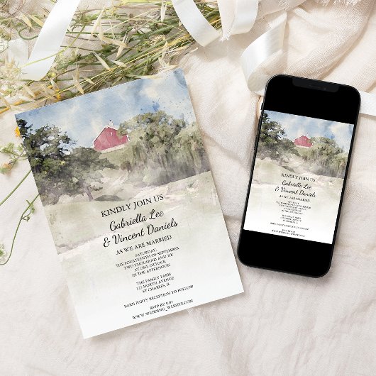 レッドバーンオンヒルサイドファーム結婚ズウォーターカラー 招待状