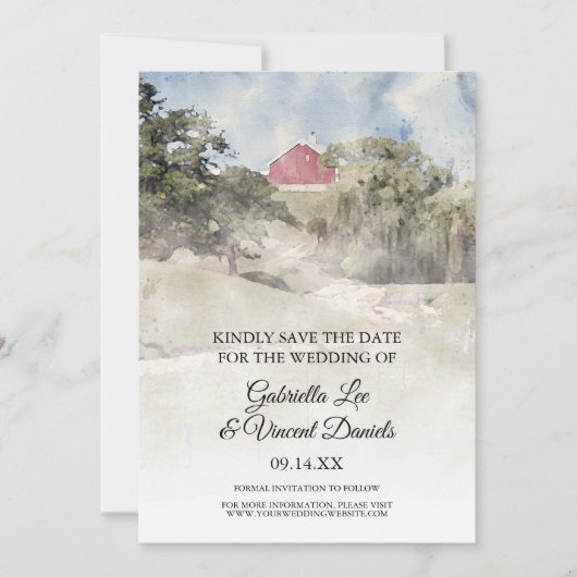 レッドバーンオンヒルファーム結婚の水の色の日付 招待状 (正面)