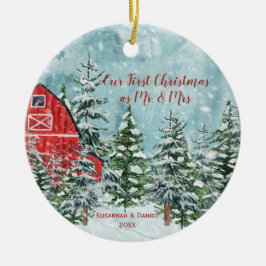 レッドバーンパインツリーズスノー我々の初めてのクリスマス写真 セラミックオーナメント