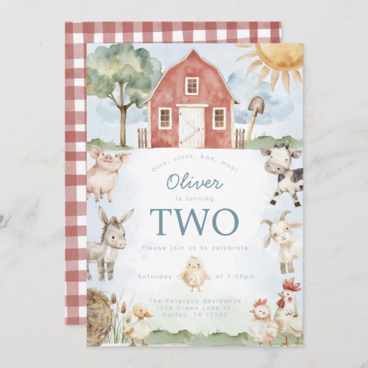 レッドバーンファームアニマルバースデーパーティーの招待 招待状 (正面/裏面)