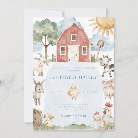 レッドバーンファームアニマルベビーシャワー招待状 招待状 (正面)