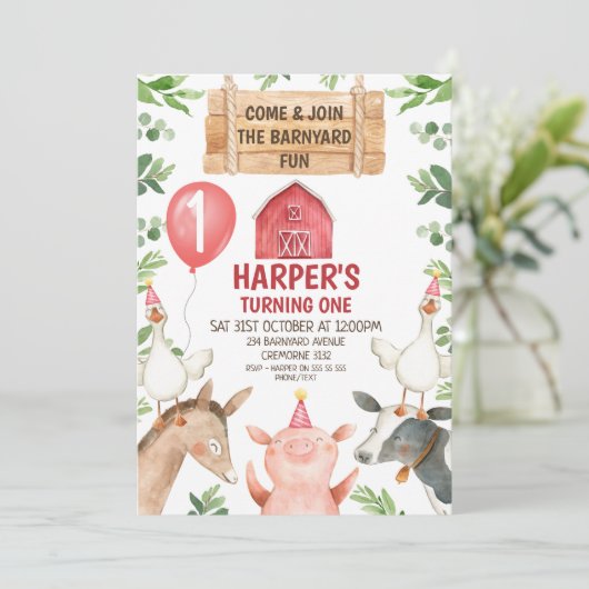 レッドバーンファーム納屋周囲の庭おもしろい誕生日招待状 招待状 (スタンド正面)