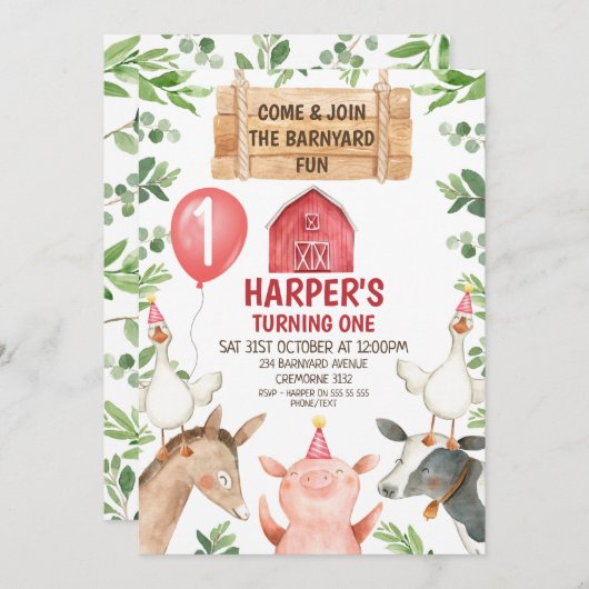 レッドバーンファーム納屋周囲の庭おもしろい誕生日招待状 招待状 (正面/裏面)