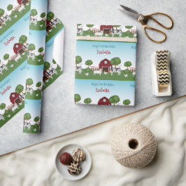 レッドバーンブルースカイハッピーバースデー付きファームアニマルズ ラッピングペーパー