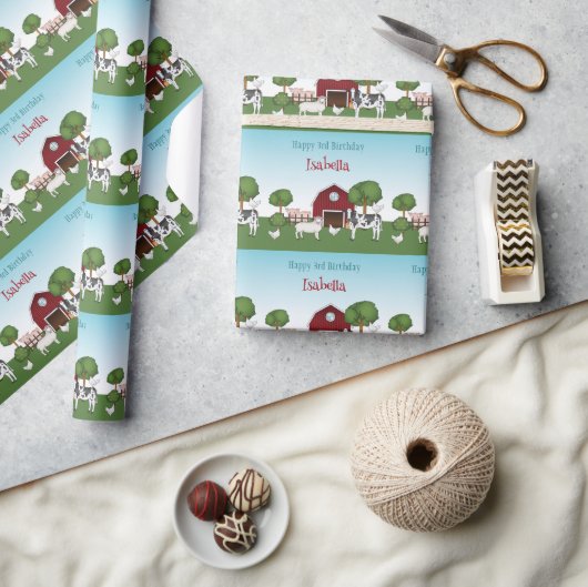 レッドバーンブルースカイハッピーバースデー付きファームアニマルズ ラッピングペーパー (クラフト)