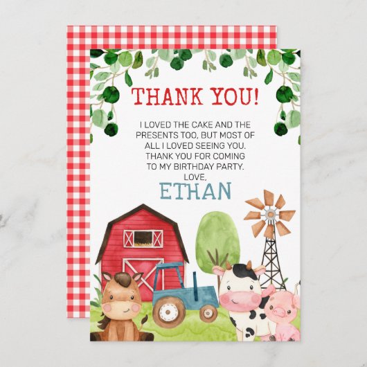 レッドバーンブルートラクタファーム誕生日サンキューカード 招待状 (正面/裏面)