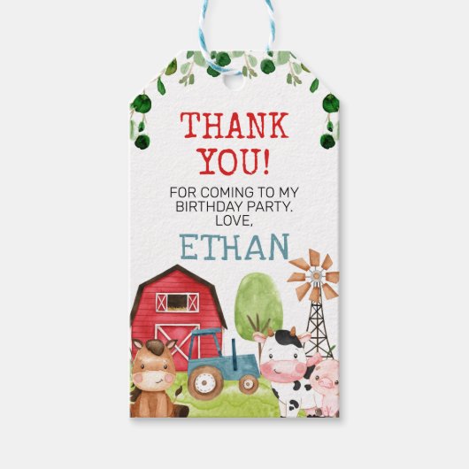 レッドバーンブルートラクターファームファーミヤード誕生日 ギフトタグ (正面)