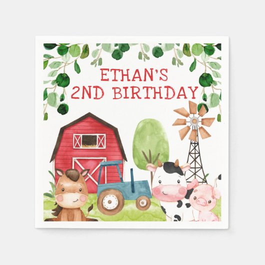 レッドバーンブルートラクターファームファーミヤード誕生日 スタンダードカクテルナプキン (正面)
