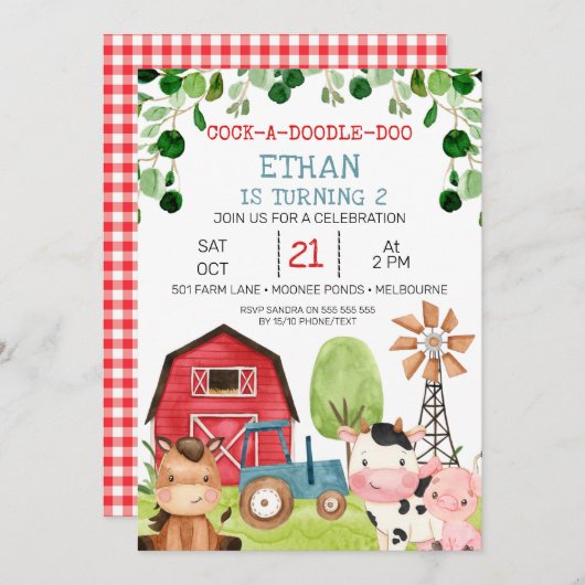 レッドバーンブルートラクターファームファーミヤード誕生日 招待状 (正面/裏面)
