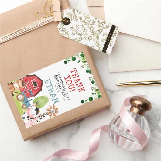 レッドバーンブルートラクターファームファーミヤード誕生日 長方形シール (ギフト)