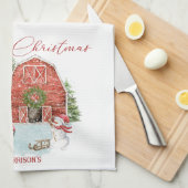 レッドバーン、雪だるま、木、ヴィンテージレッドカー キッチンタオル (四つ折り)