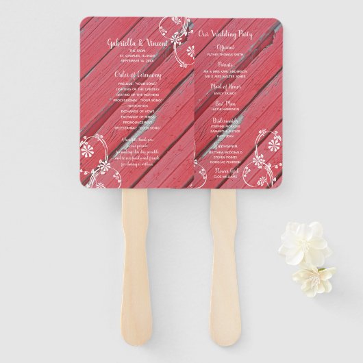 レッドバ素朴ンウッドカントリーウェディングプログラム ハンドファン (正面&裏面)