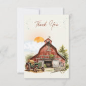 レッドバ素朴ンファーム誕生日トラクターパーティー サンキューカード (正面)