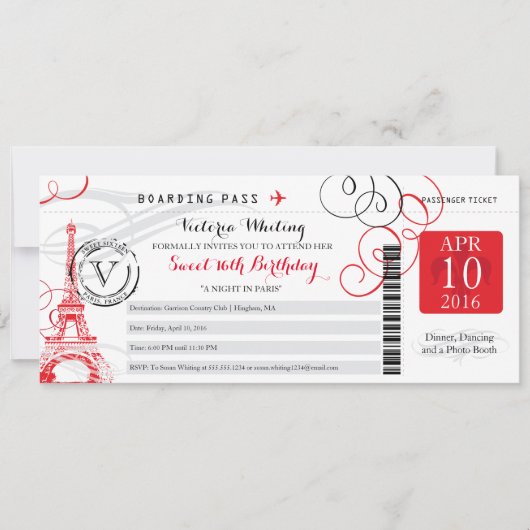 レッドパリエッフェルタワー | Sweet 16誕生日 招待状 (正面)