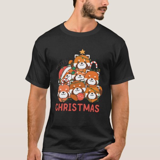レッドパンダクリスティマスリーメリークリスマスおもしろい Tシャツ (正面)