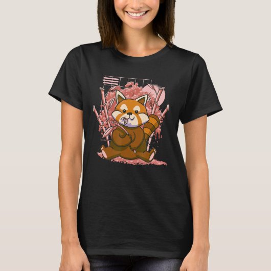 レッドパンダデイさくらんぼ開花ピンク桜バ Tシャツ (正面)
