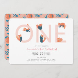 レッドパンダピンクガール1st誕生日招待状 招待状