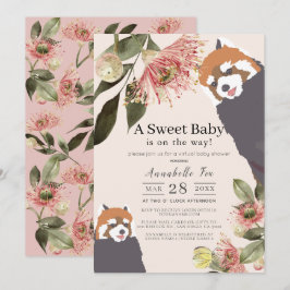 レッドパンダピンクフローラガールバーチャルベビーシャワー 招待状